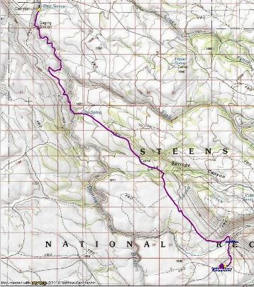 The route between south Steens Campground and Page Springs campground follows the BLM's Desert Trail route proposal much of the way.